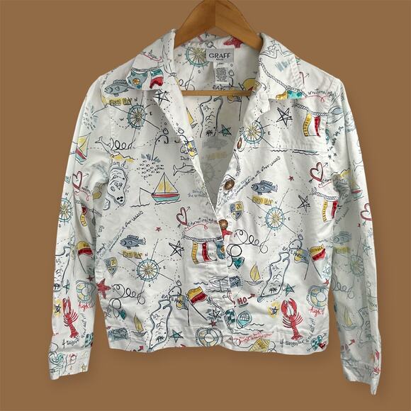 Vintage GRAFF Cropped Embellished Jacket Nautical Coastal Doodle Print Medium - Picture 1 of 10